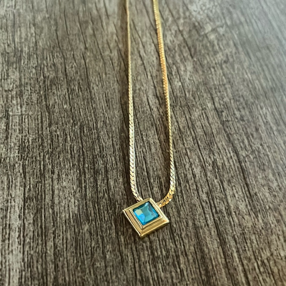 Avon Gold Necklace with Blue Square Pendant
